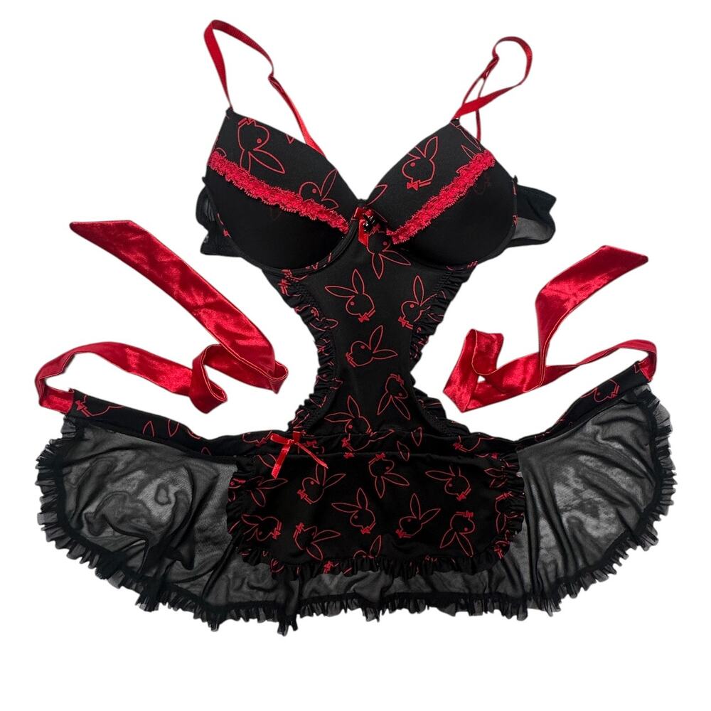 Vintage 2000's Playboy Red & Black Bunny Babydoll Lingerie Apron Size Large